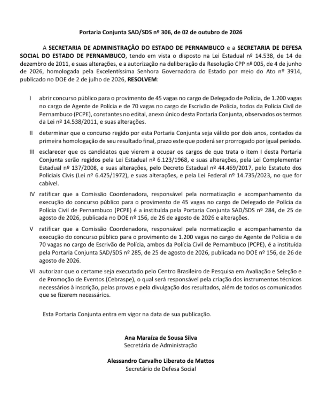 Portaria Conjunta SAD/SDS nº 306, de 02 de outubro de 2026 — Polícia Civil de Pernambuco